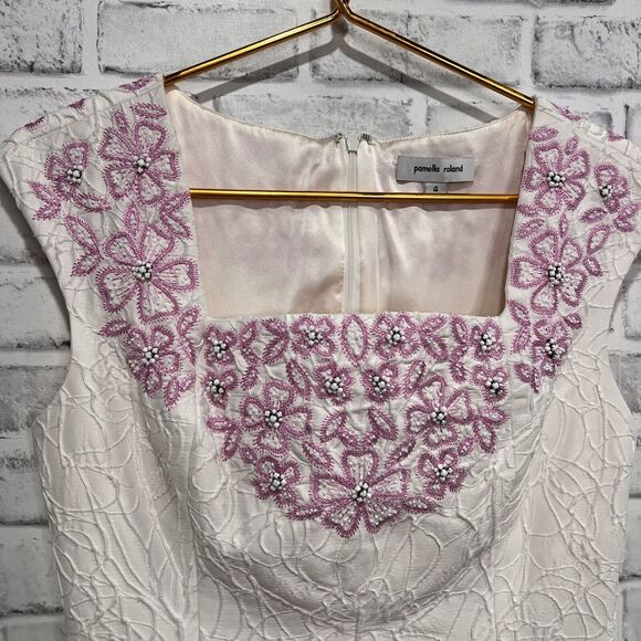 Pamella Roland White Beaded 100% Silk Made In The USA Size 4 Embossed Dress - Picture 2 of 14